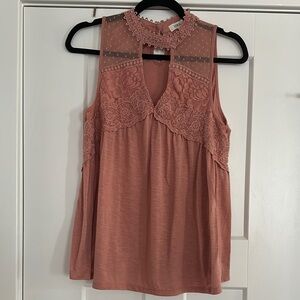 Salmon Sleeveless Tank Top with Lace and Mandarin Collar